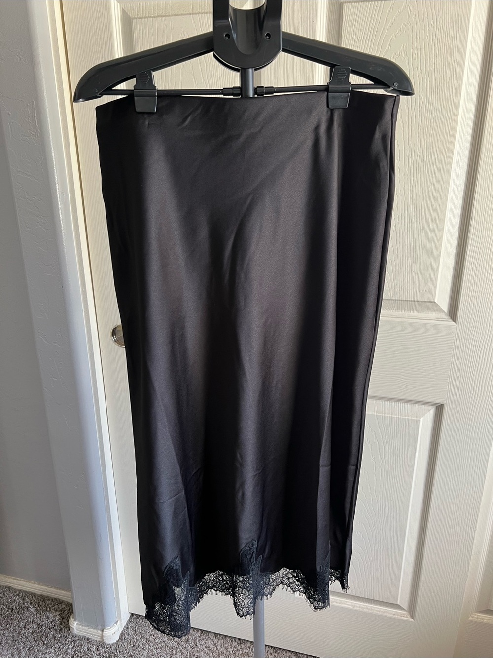 Satin Black Midi Slip Skirt with Lace Hem - Picture 6 of 10
